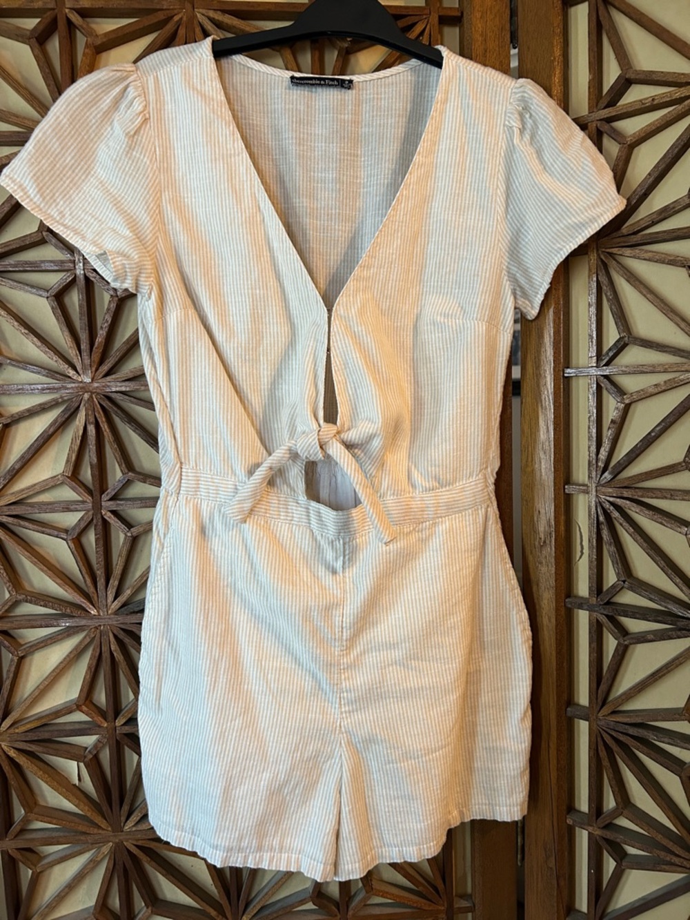 Abercrombie & Fitch Beige and White Striped V-Neck Romper Small Shorts